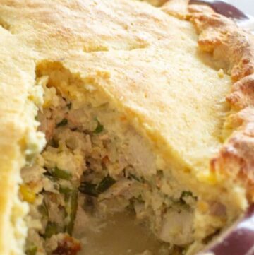 close up on the inside of turkey pot pie, filling and crust