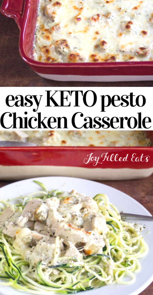 pinterest image for keto pesto chicken casserole