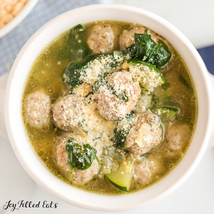 large white bowl of Italian wedding soup