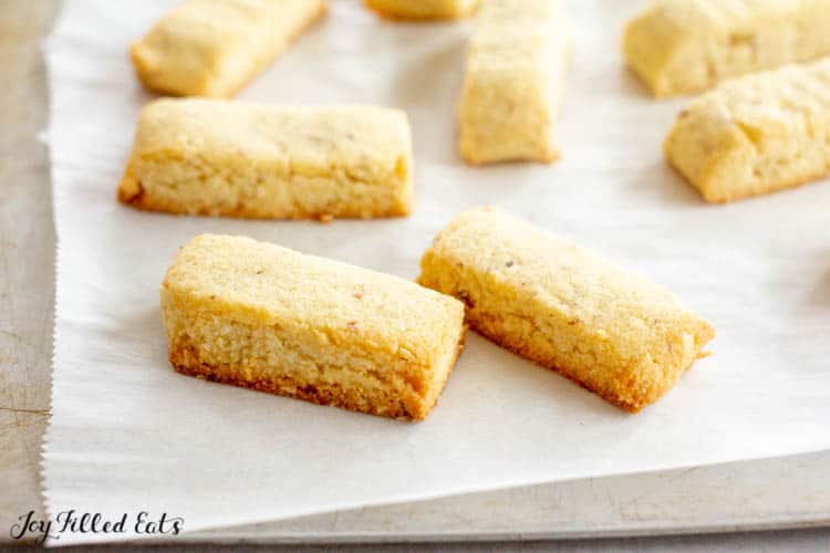 Keto Almond shortbread cookies on parchment lined cookie pan