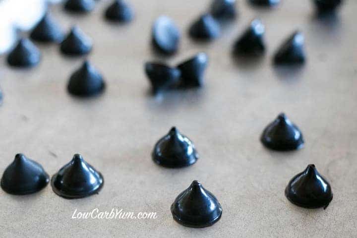 Close up of scattered sugar free chocolate kisses on tray