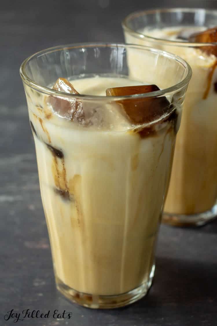 Close up of Skinny Vanilla Latte with coffee ice cubes