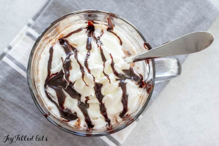 Overhead shot of Keto Mocha in glass mug with spoon, topped with whipped cream and drizzled with chocolate