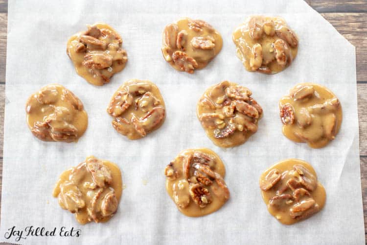 Keto Pecan Pralines lined on parchment paper