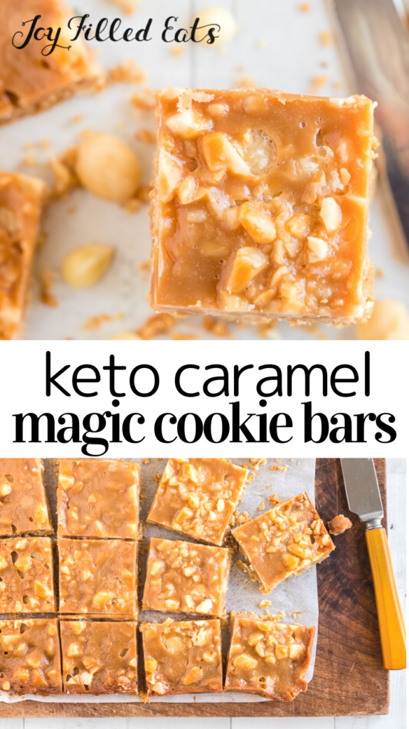 pinterest image for loaded caramel magic cookie bars