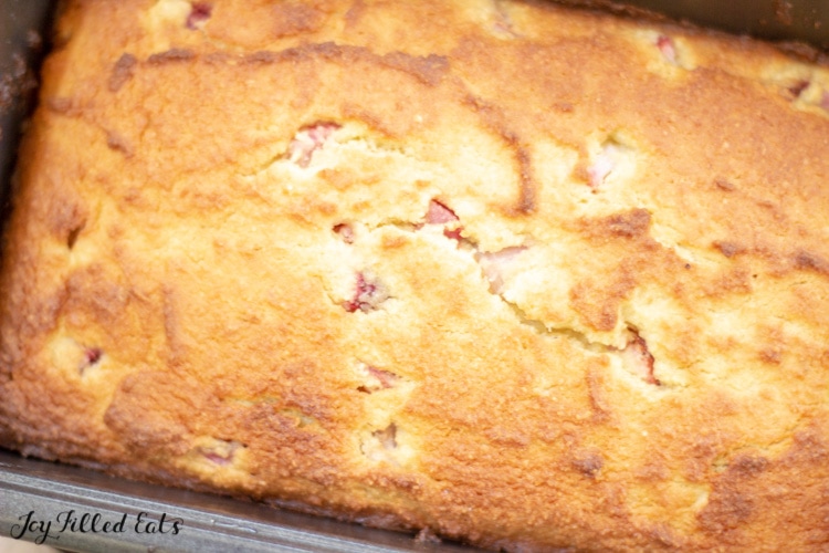 Keto strawberry shortcake pound cake in a loaf pan