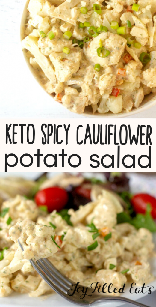 pinterest image for keto spicy cauliflower potato salad