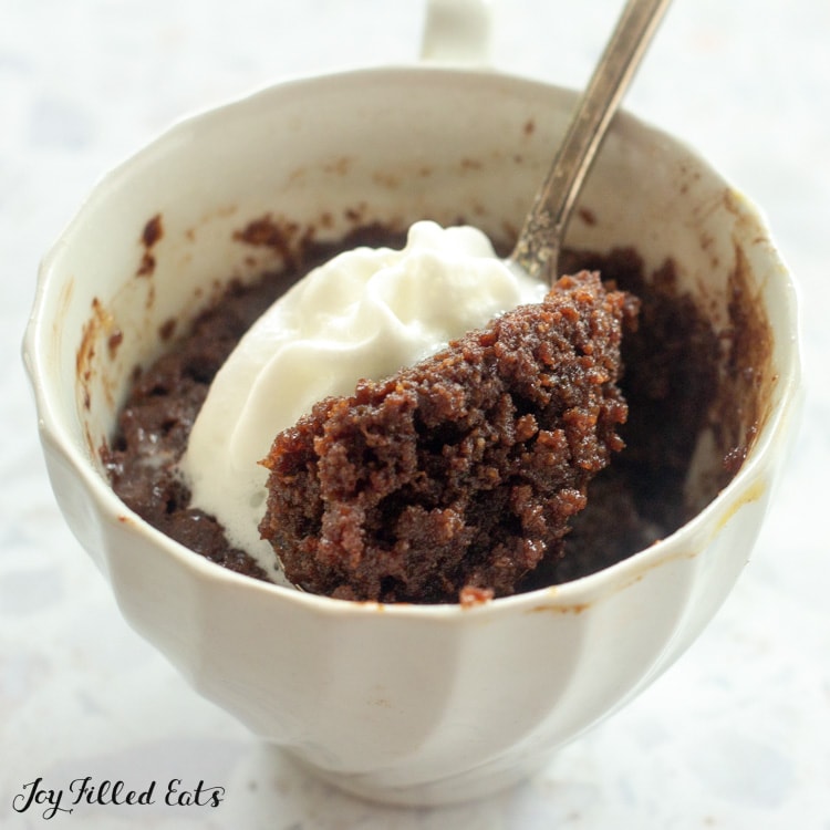 spoonful of keto mug brownie with whipped cream in a mug