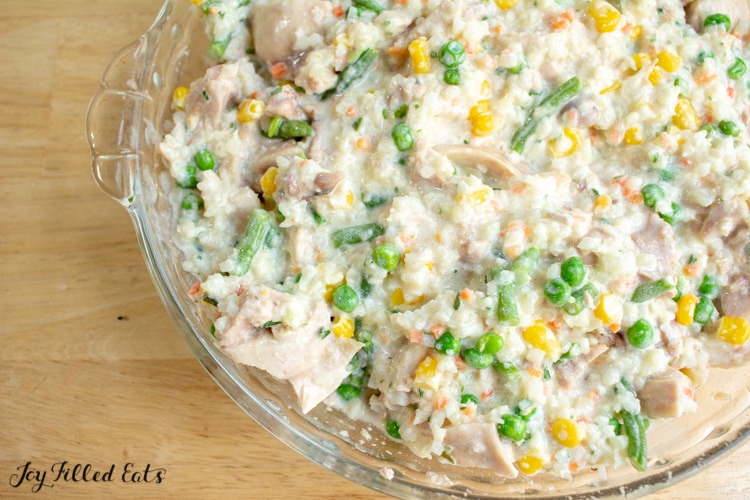 low carb chicken pot pie filling in pie plate