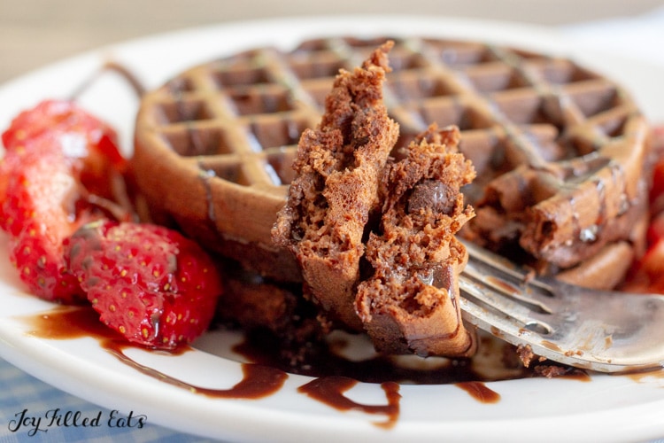 bite of a chocolate chaffle on a fork from the keto chaffle recipe