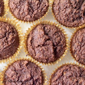 overhead shot of keto chocolate muffins in cupcake liners
