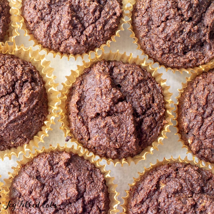 overhead shot of keto chocolate muffins in cupcake liners