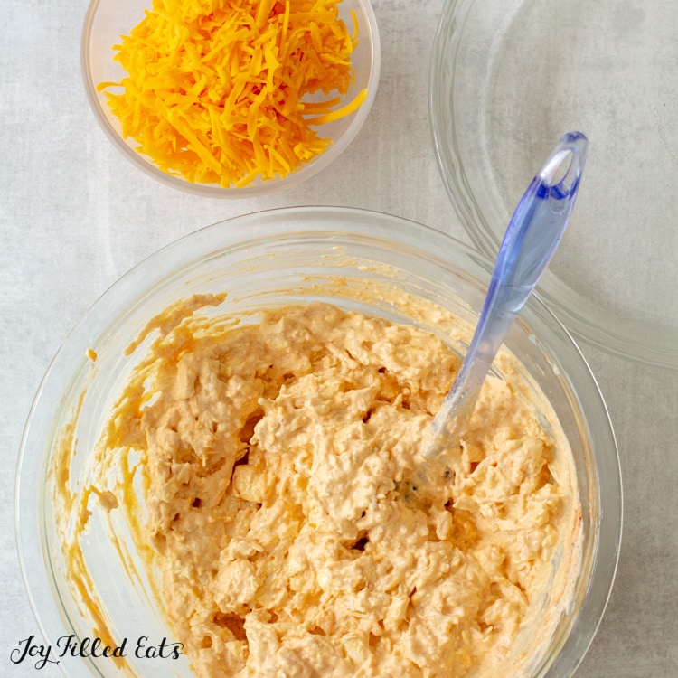 bowl of filling for the dip next to shredded cheese