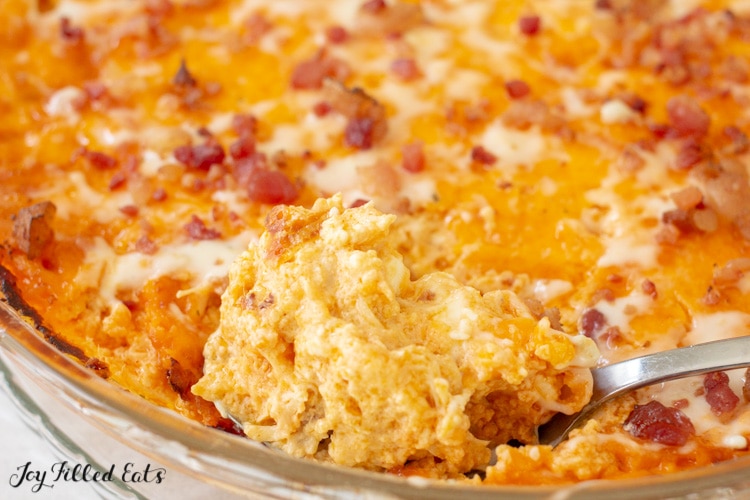 the baked keto buffalo chicken dip in a pie plate