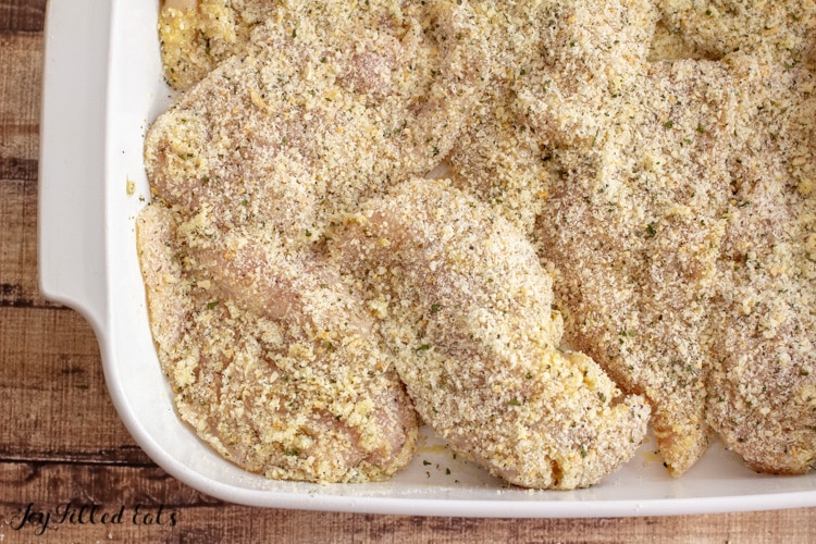 casserole dish with breaded chicken