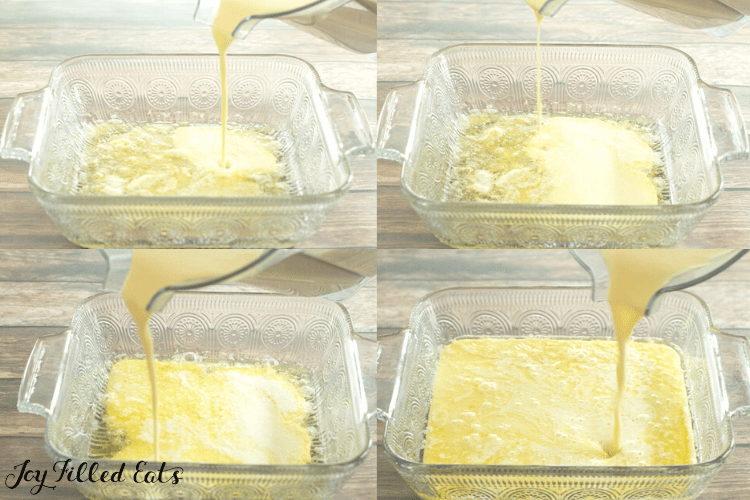 collage of shots of batter being poured over melted butter