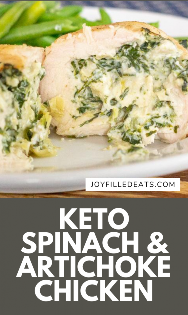 pinterest image for keto spinach artichoke stuffed chicken