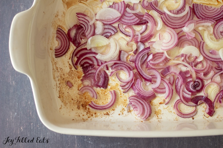 onions and butter in a casserole dish