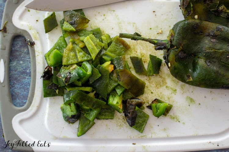 close up of chopped poblano peppers