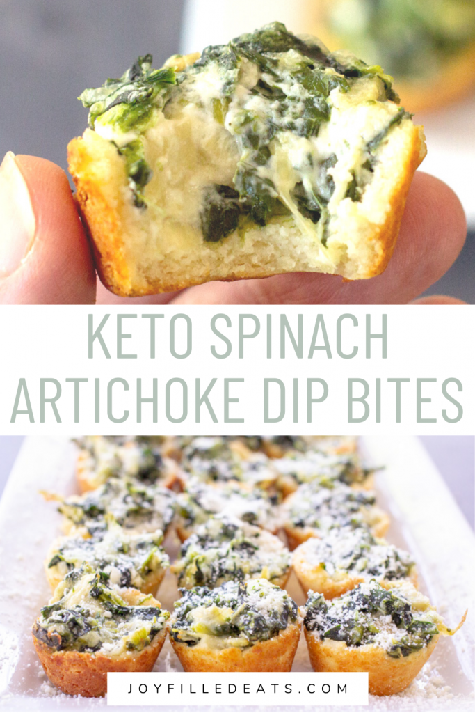 pinterest image for keto spinach artichoke dip bites