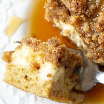 a bite of keto french toast casserole with a fork