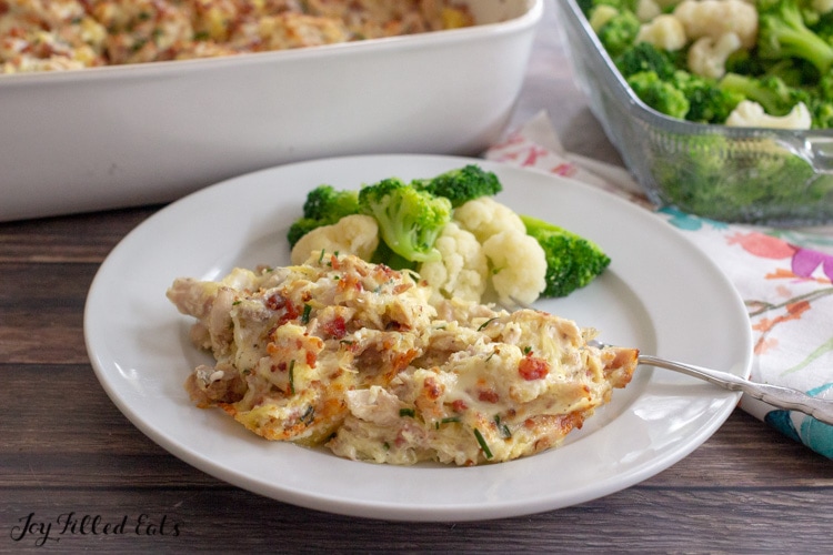 a dinner plate with keto creamy chicken casserole and broccoli