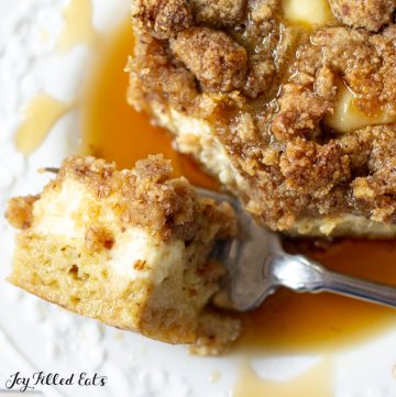 a bite of keto french toast casserole with a fork