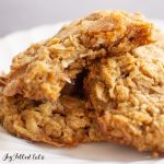 close up of an oatmeal cookie with a bite missing
