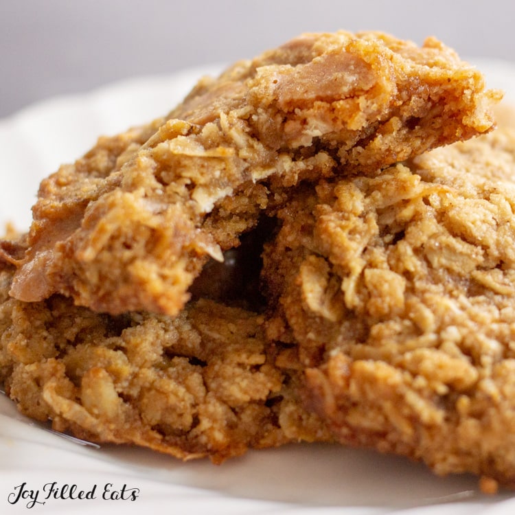 close up of an oatmeal cookie with a bite missing