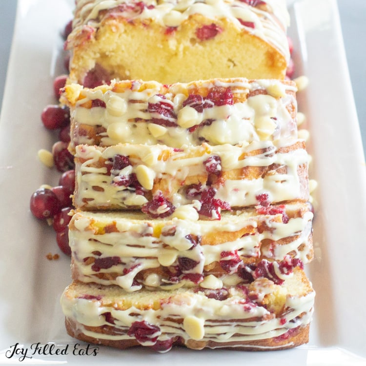 close up of slices of the keto white chocolate cranberry bread