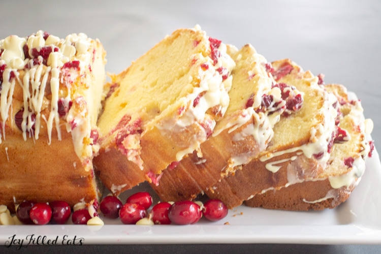 side view of slices of the keto white chocolate cranberry bread
