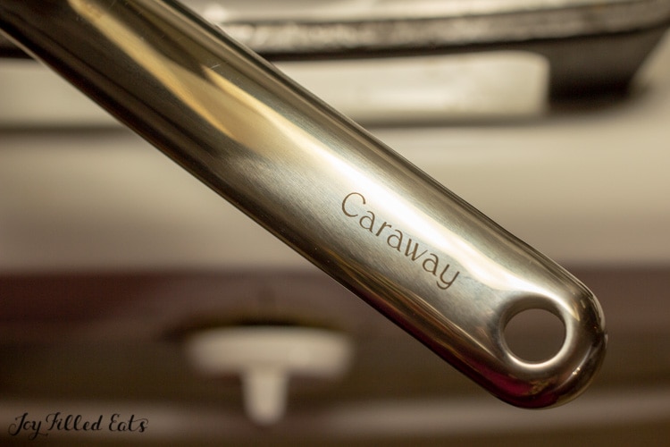 close up of caraway cookware pan handle