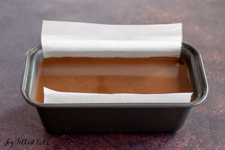 keto chocolate fudge in small loaf pan lined with parchment paper before chilling