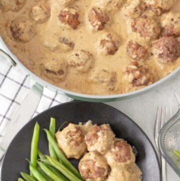 overhead shot of meatballs in the skillet in creamy sauce and on a plate