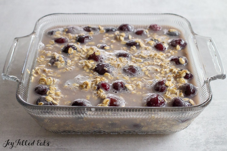 mixture for the baked oatmeal in a glass dish