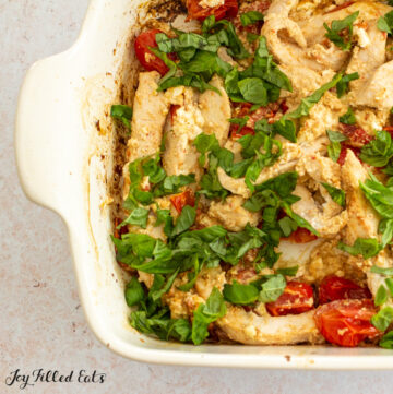casserole dish topped with basil