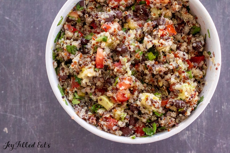 close up of quinoa salad in large bowl