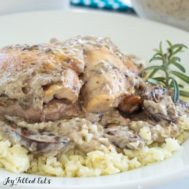 close up of chicken thighs with mushroom sauce