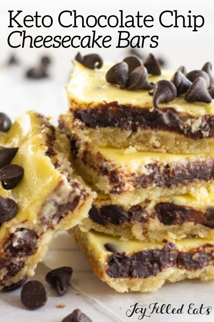 pinterest image for keto chocolate chip cheesecake bars