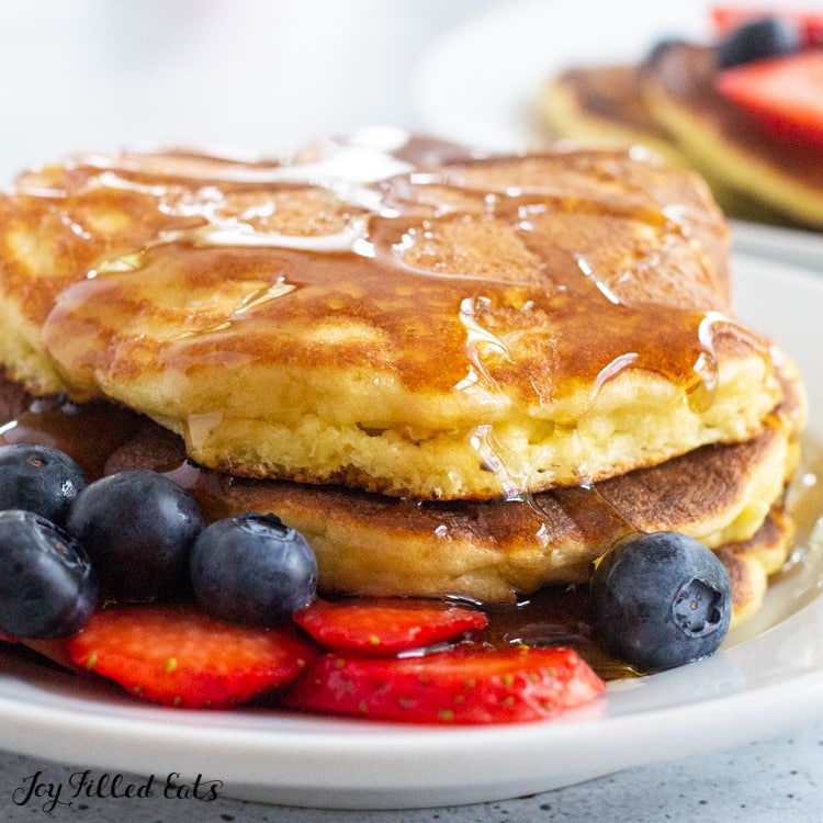 stack of keto pancakes with syrup