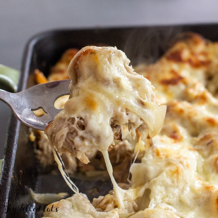 close up of cheesy philly cheesesteak casserole