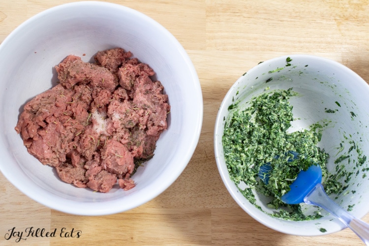 seasoned ground turkey meat in a large bowl next to a bowl of spinach and three cheese filling with spatula