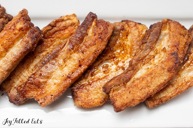close up of a plate of air fryer pork belly
