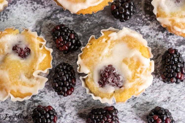 overhead shot of almond flour blackberry muffins