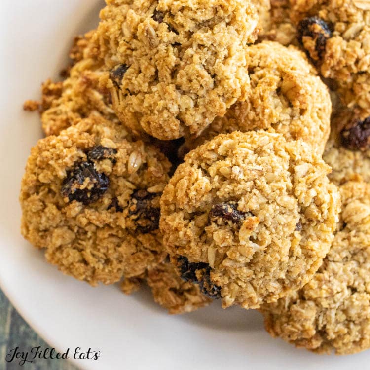 overhead shot of coconut flour oatmeal cookies on a plate