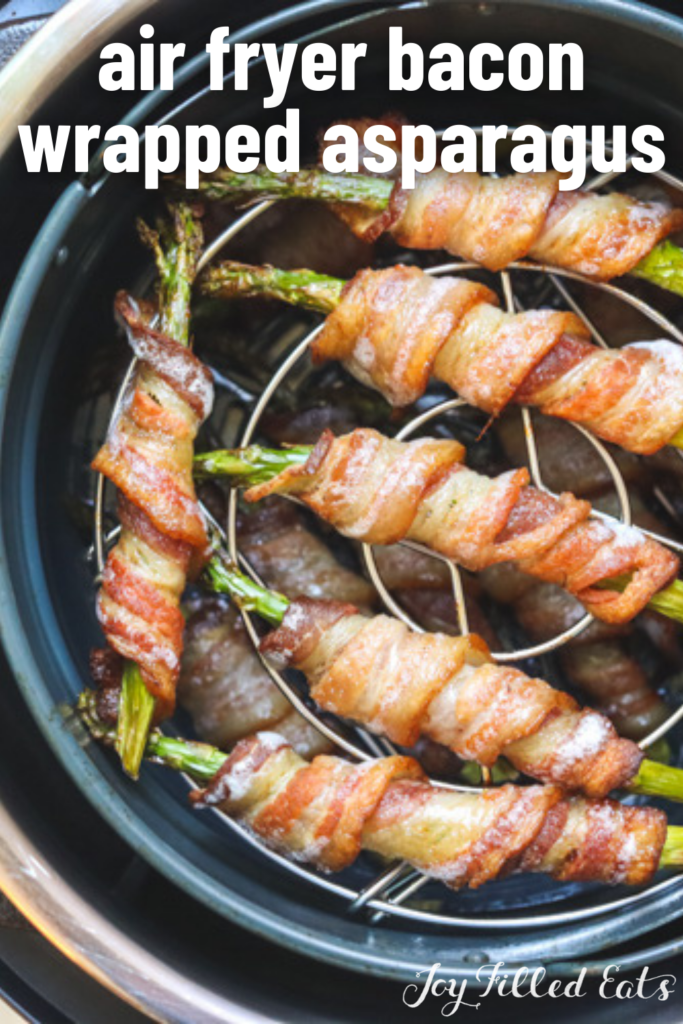 pinterest image for air fryer bacon wrapped asparagus