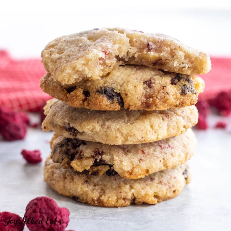 Raspberry and White Chocolate Cookies stacked on top of each other