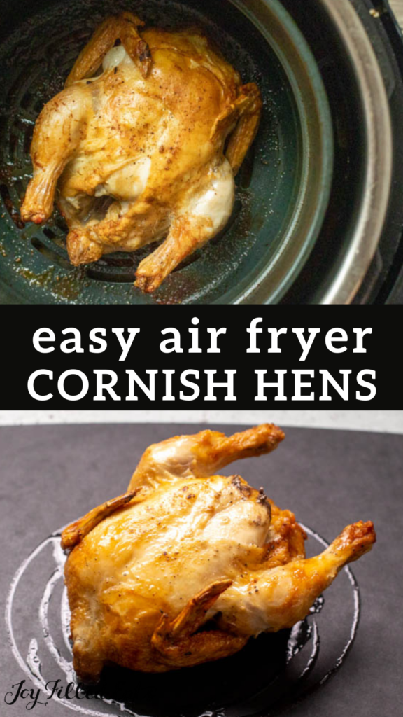 pinterest image for air fryer cornish hens
