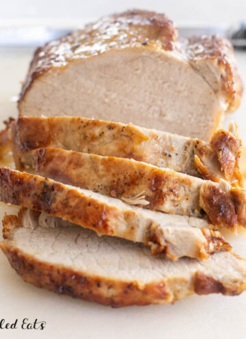 close up on slices of air fryer roast pork