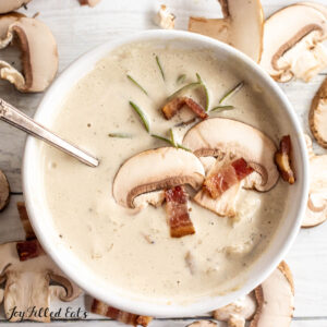 bowl of keto mushroom soup with bacon and rosemary